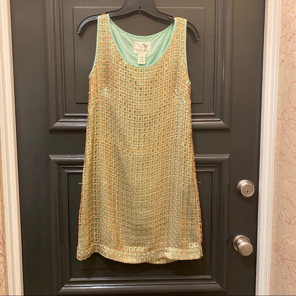 Anthropologie Tabitha Gold Teal Sequence Dress